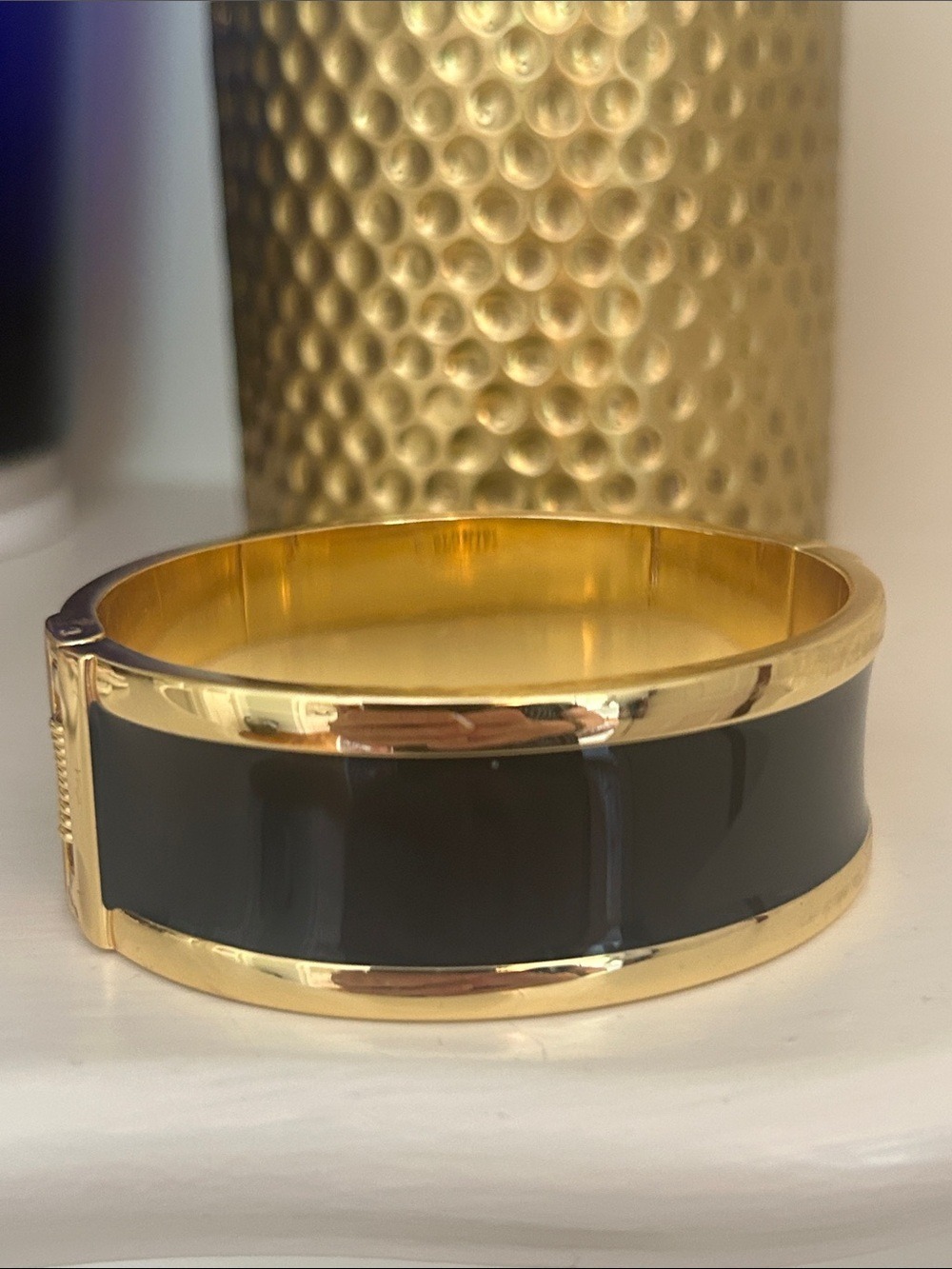 Gold + Navy Wide Enamel Spring Loaded Bangle Bracelet Measures 3”